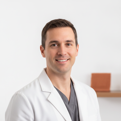 Headshot of Dr. Aris Thorne, a male physical therapist, smiling confidently in a white lab coat over a charcoal scrub top, ag