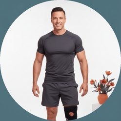 Circular portrait of Coach Marcus Vane, a fit man smiling confidently at the viewer, wearing athletic apparel against a clean