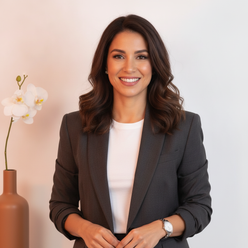 Portrait of Alicia Sterling, a female influencer, smiling confidently.